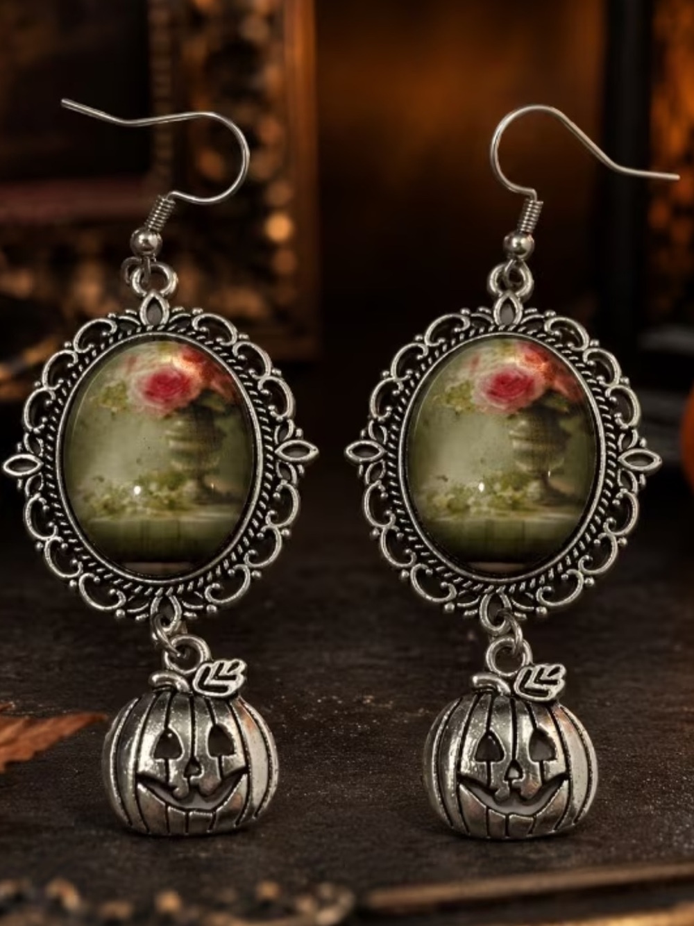 Antique Silver Floral Victorian Cameo Pumpkin Drop Earrings - Pink